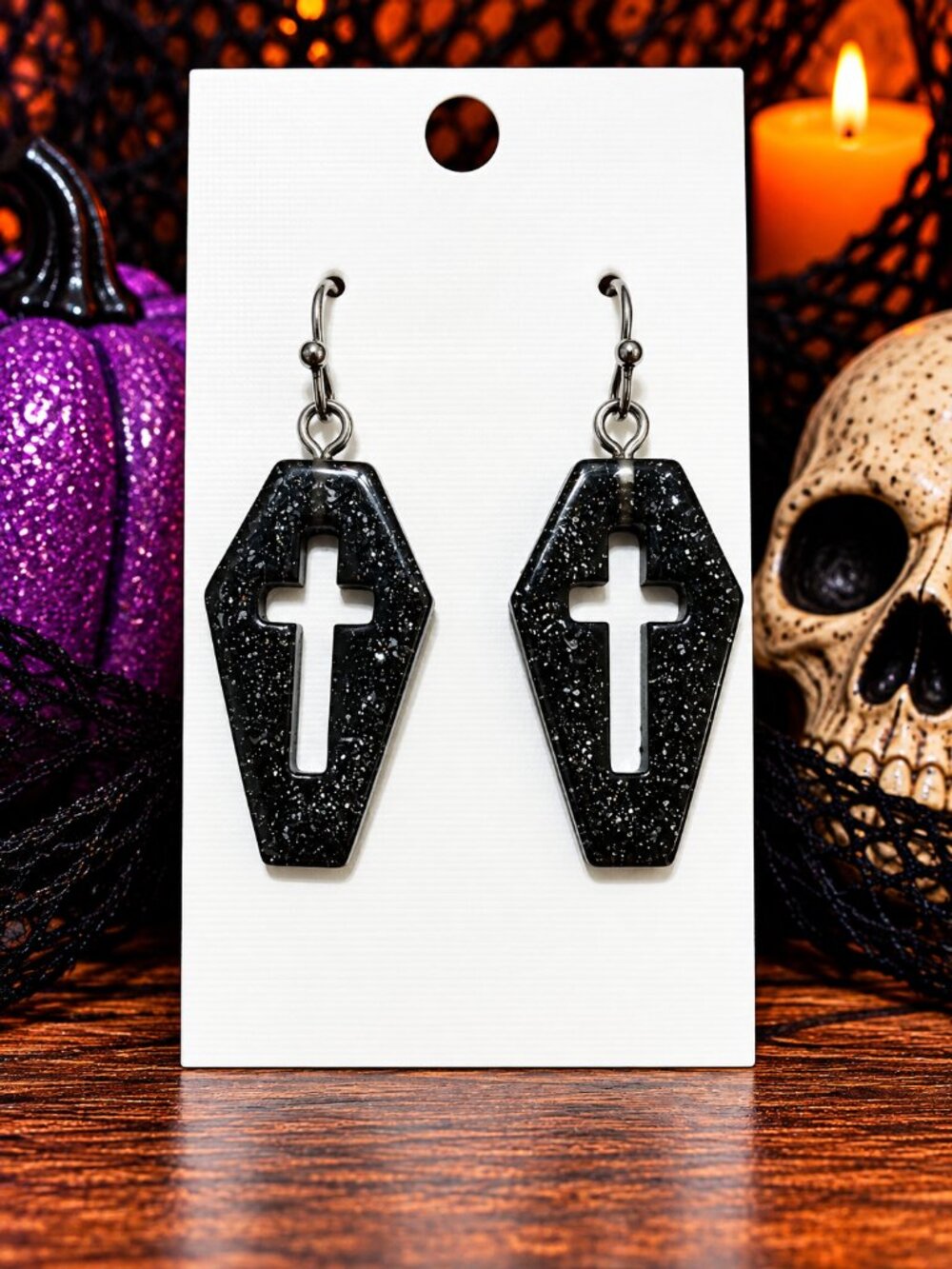 Glitter Resin Coffin Cross Earrings Gothic Halloween Dangle Earrings Handmade
